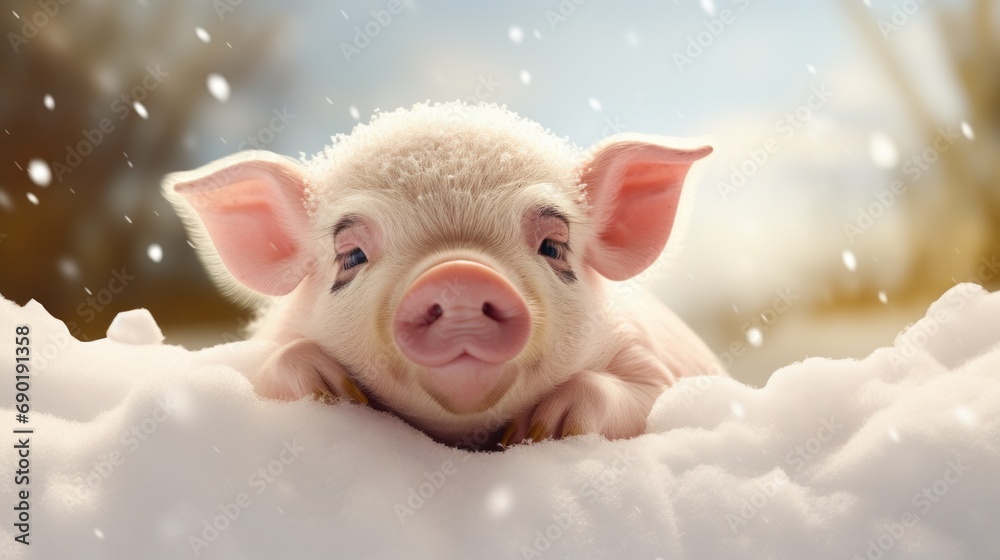 A small pig laying on top of a pile of snow