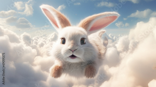 A white rabbit is flying through the clouds