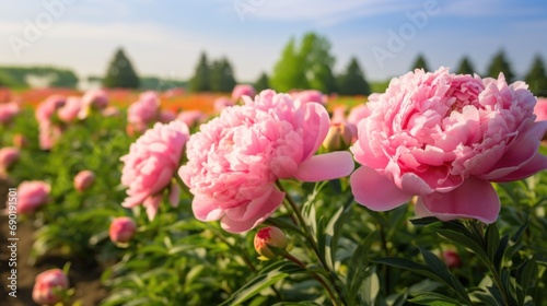 A field of pink peonies with a blue sky in the background