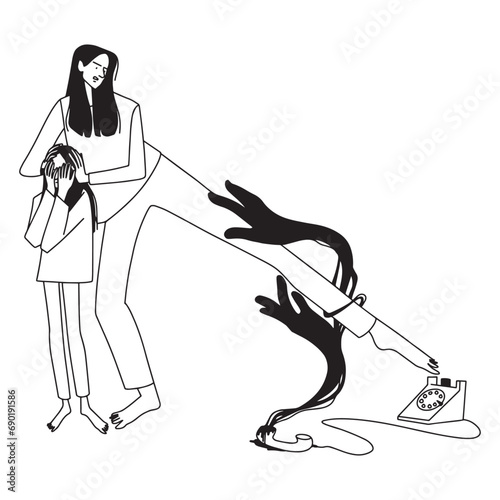 Phone bullying, woman protects an inner child from childhood traumas, line minimalistic vector illustration. Vector illustration