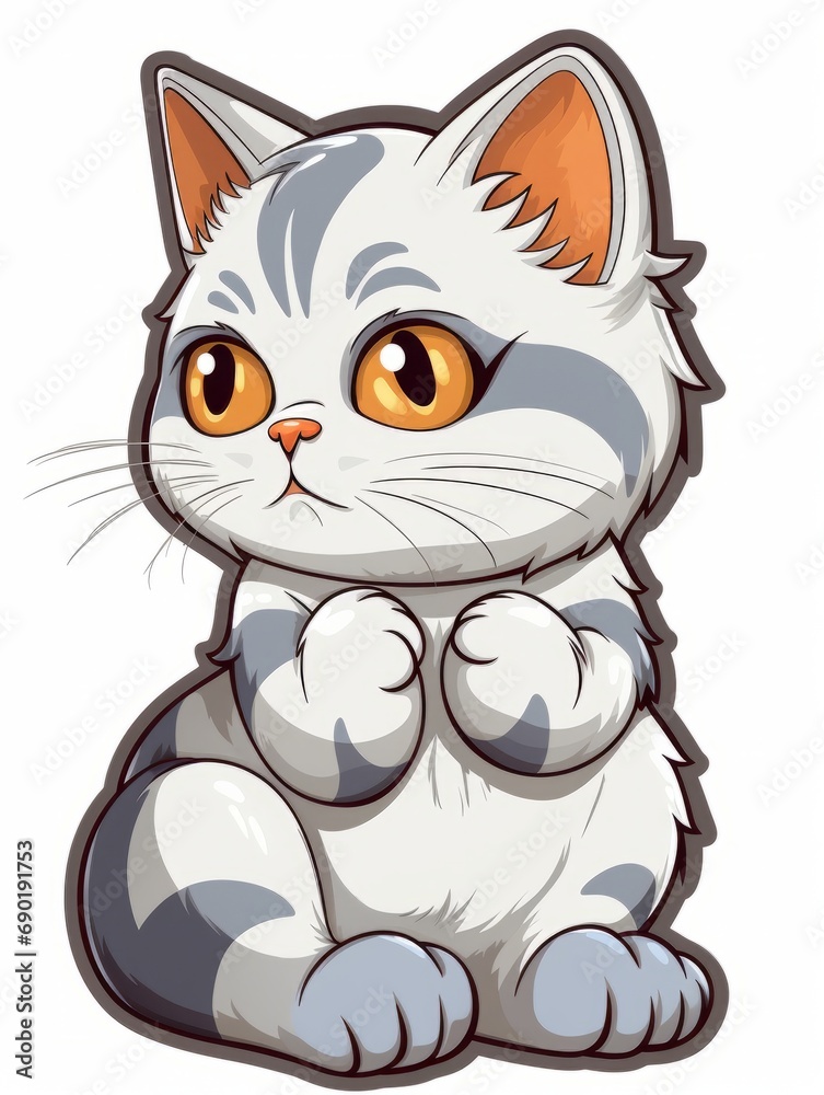 Cartoon sticker kitten looks to the side expectantly on white background isolated, AI