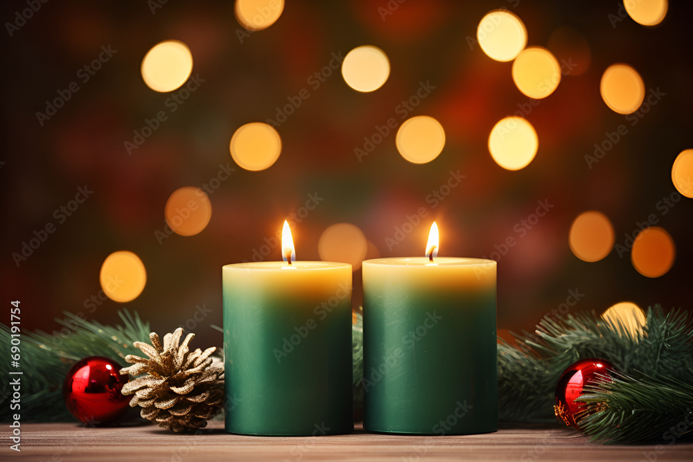 Christmas candles and ornaments over dark background with lights. Generated AI Christmas candles and ornaments over dark background with lights. Generated AI
