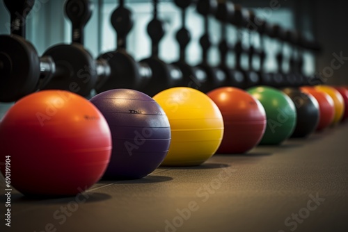 Within the fitness club s functional training space  various medicine balls are arranged for workouts
