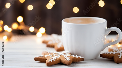 white cup of winter hot drink with gingerbread man on bokeh background. Generated AI