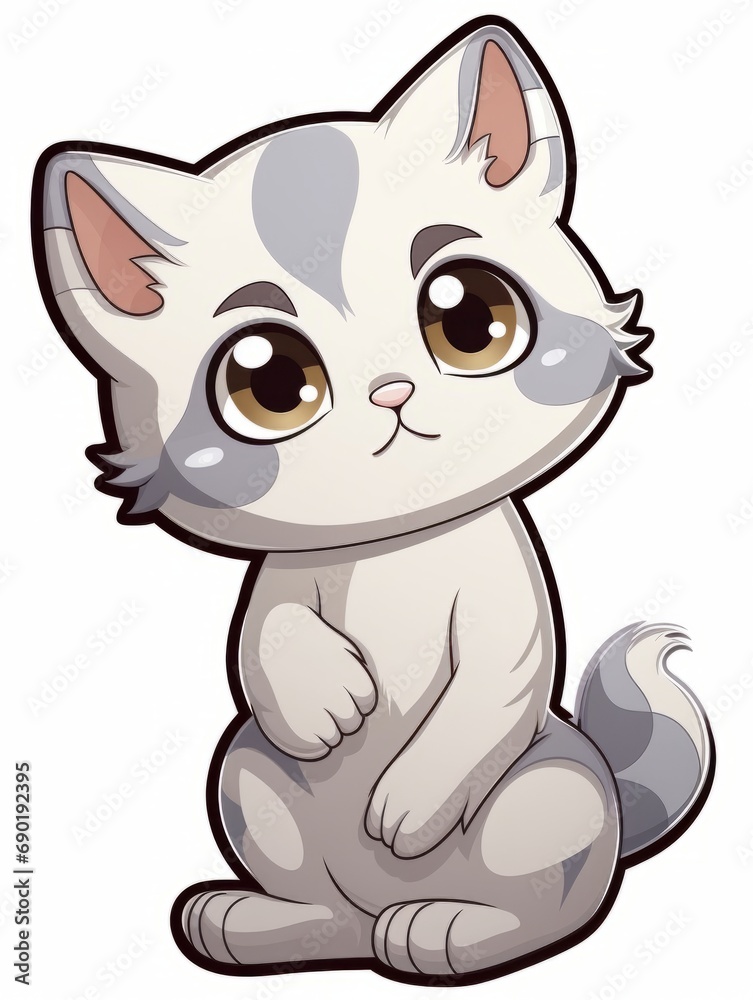 Cartoon sticker kitten looks to the side expectantly on white background isolated, AI Cartoon sticker kitten looks to the side expectantly on white background isolated, AI