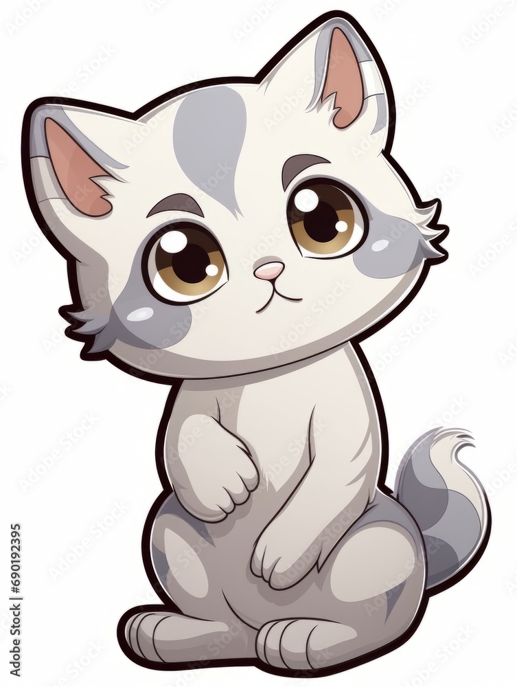 Cartoon sticker kitten looks to the side expectantly on white background isolated, AI