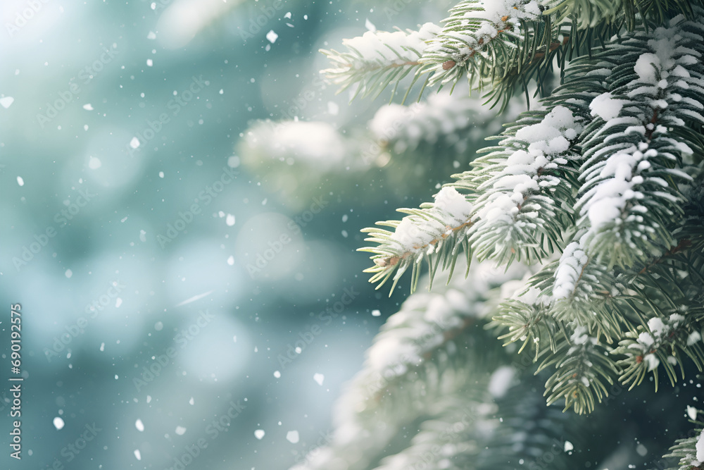 Closeup of Christmas tree with light, snow flake. Generated AI