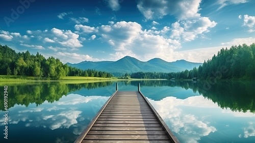 Very long Lake pier at evening with mountains on background. Reflection of the forest in the green water with blue cloudy sky. panoramic landscape. 