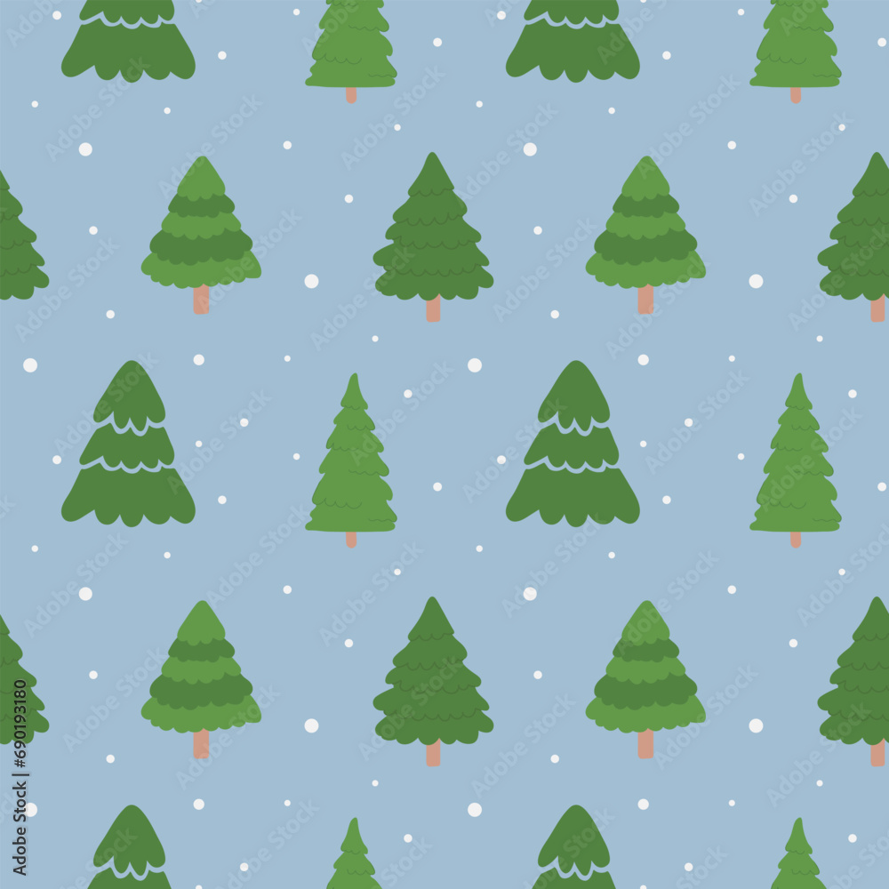 Seamless pattern with hand drawn Christmas trees. Vector illustration in simple flat doodle style.