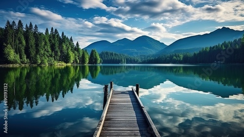 Very long Lake pier at evening with mountains on background. Reflection of the forest in the green water with blue cloudy sky. panoramic landscape. 