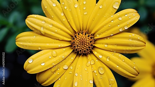 Yellow daisy with raindrops. Close up yellow osteospermum in the rain. Macro flower in the rain. Yellow flowers with raindrops photo