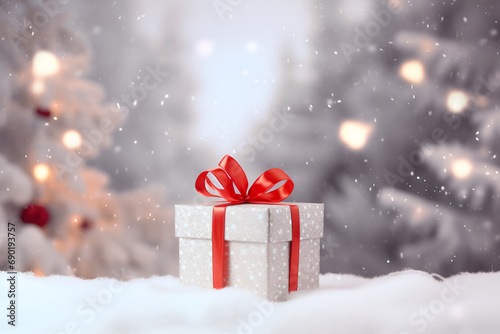white gift box with a large red bow standing in fresh snow against a background bokeh of twinkling party lights. Generated AI © natalystudio