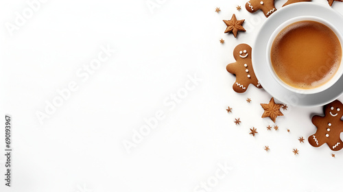 Ginger cookies, cup of coffee and fragrant Christmas spices on white background. Top view. Generated AI