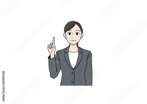 笑顔で指さしするスーツの女性