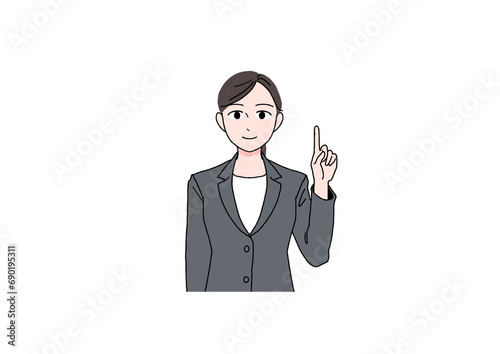 笑顔で指さしするスーツの女性