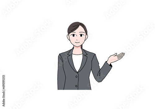 笑顔で案内するスーツの女性