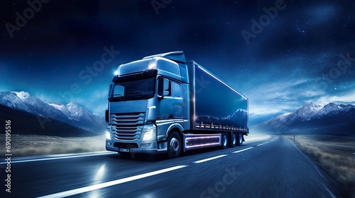 big delivery truck at night road, transportation and logistics illustration, freight and cargo business concept © goami