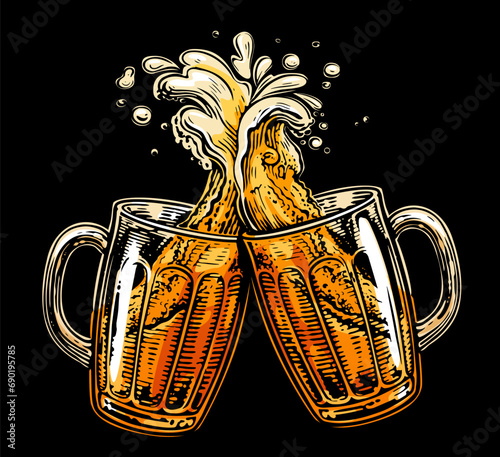 Pair of beer glasses making a toast. Alcoholic drink and splash of foam. Pub concept vector illustration