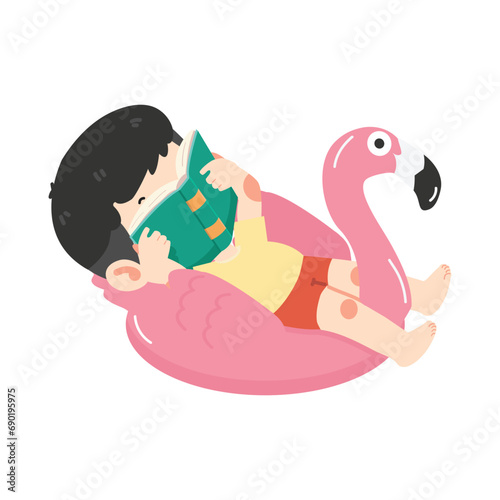 Kid boy reading book with flamingo float