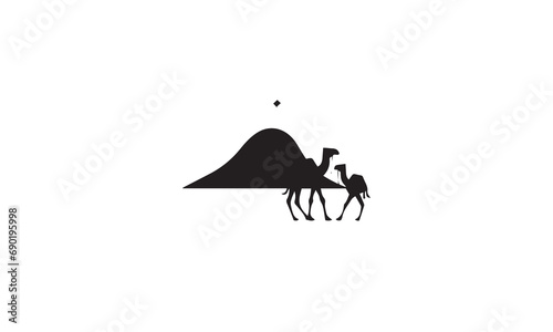 Arabian Logo caravan Camels in desert dunes. Camel black Logo design template white background 