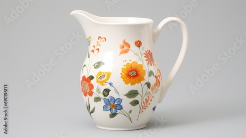 Pastel-colored pitcher with hand-painted floral motifs, standing upright and centered on a white canvas.