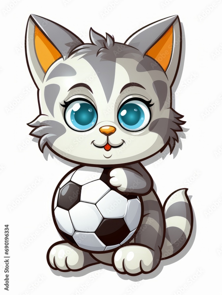 Cartoon sticker cute kitten football player with a soccer ball, AI Cartoon sticker cute kitten football player with a soccer ball, AI