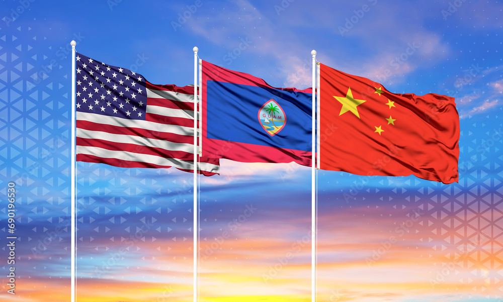 Three realistic flags of China, United States and guam on flagpoles and blue sky