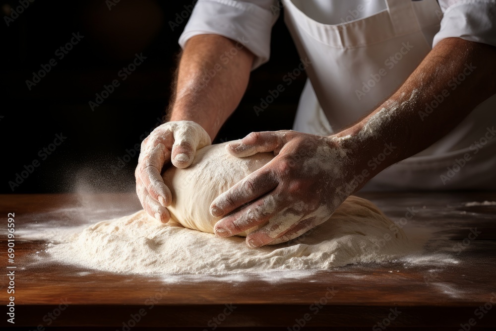 Photo of a baker kneading dough for artisan bread. Generative AI