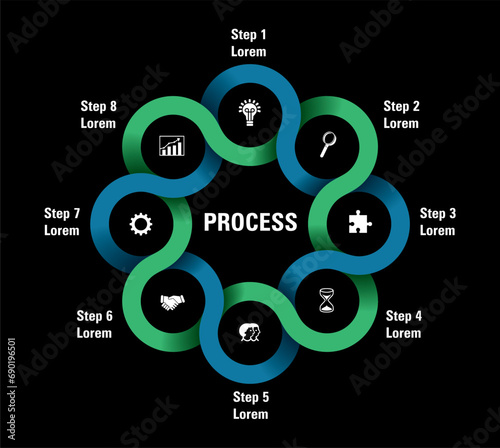 Green and blue flowchart with symbols, icon collection. Isolated on black. Vector illustration.