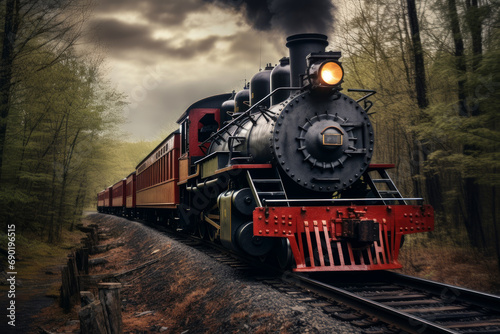 Photo of a vintage train locomotive on tracks. Generative AI