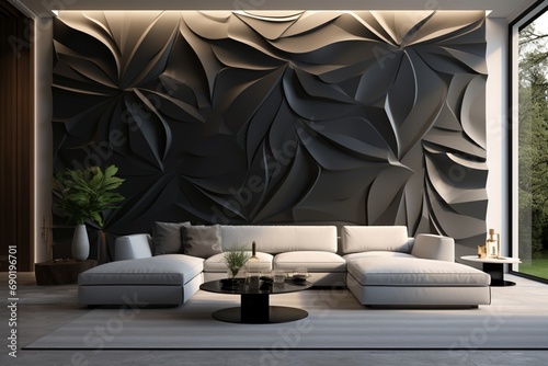 A contemporary living room with a mesmerizing 3D intricate pattern on the main wall, creating an illusion of depth and movement,
