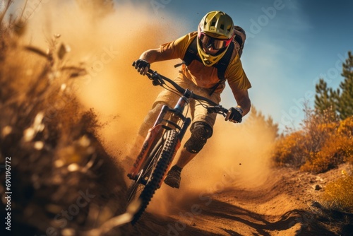 A mountain biker skillfully maneuvering a trail