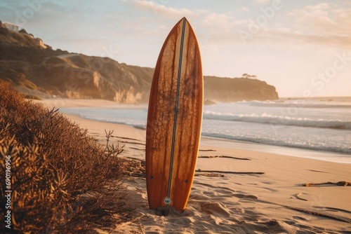Photo of a classic wooden surfboard on a beach. Generative AI © Aditya