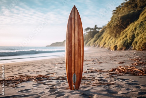 Photo of a classic wooden surfboard on a beach. Generative AI photo