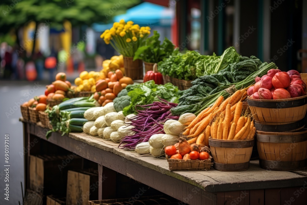 Photo of a farmer's market stall with fresh produce. Generative AI