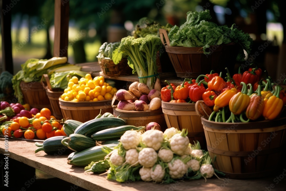 Photo of a farmer's market stall with fresh produce. Generative AI