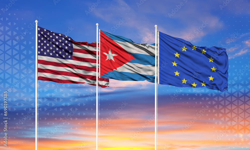 flags of European Union, United States and cuba on flagpoles and blue sky