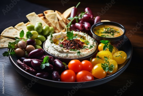 Photo of a Mediterranean mezze platter with hummus and olives. Generative AI