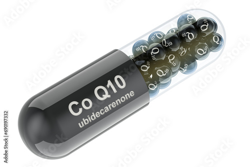 Coenzyme Q10 ubidecarenone capsule, 3D rendering isolated on transparent background photo