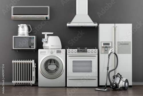 Set of kitchen and household appliances in room, near the wall. 3D rendering
