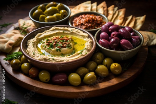 Photo of a Mediterranean mezze platter with hummus and olives. Generative AI photo