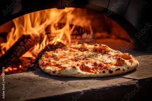 Photo of a pizza being pulled out of a wood-fired oven. Generative AI