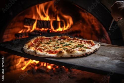 Photo of a pizza being pulled out of a wood-fired oven. Generative AI photo