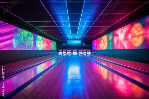Canvas Print Photo of a retro bowling alley with neon lights. Generative AI