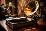 Photo of a vintage phonograph playing a vinyl record. Generative AI