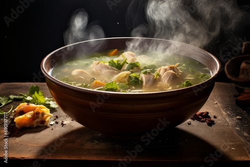 Photo of a rustic and hearty bowl of homemade chicken noodle soup with aromatic steam rising. Generative AI