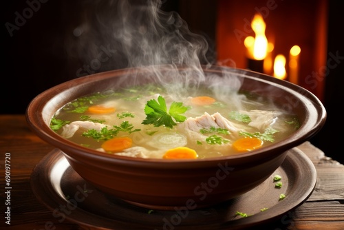 Photo of a rustic and hearty bowl of homemade chicken noodle soup with aromatic steam rising. Generative AI