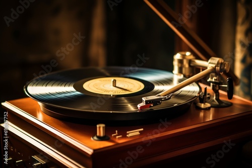Photo of a vintage phonograph playing a vinyl record. Generative AI