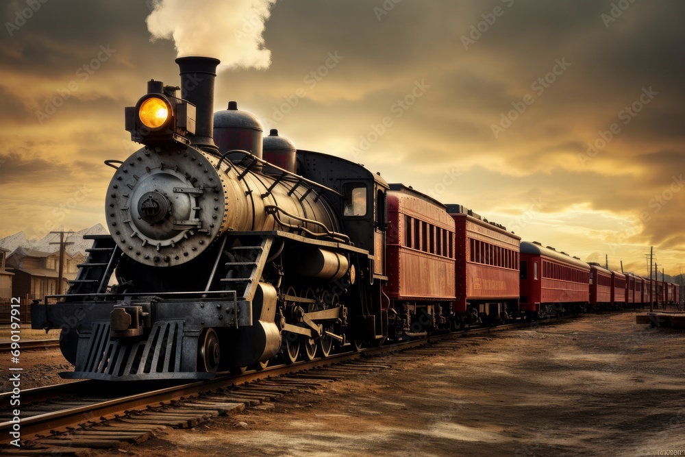 Photo of a vintage train locomotive on tracks. Generative AI - obrazy, fototapety, plakaty 