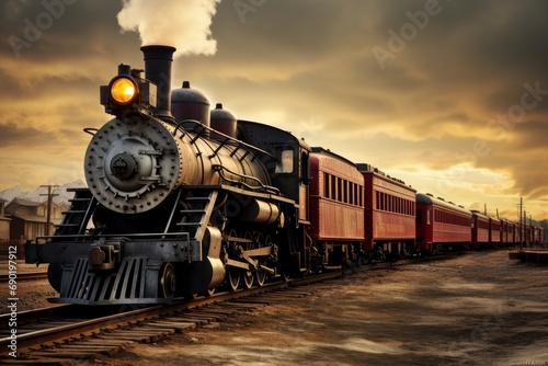 Photo of a vintage train locomotive on tracks. Generative AI photo
